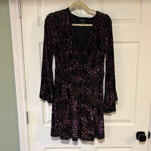 Papillon Black and Purple Floral Velvet Wrap-Style Flair Sleeve Dress